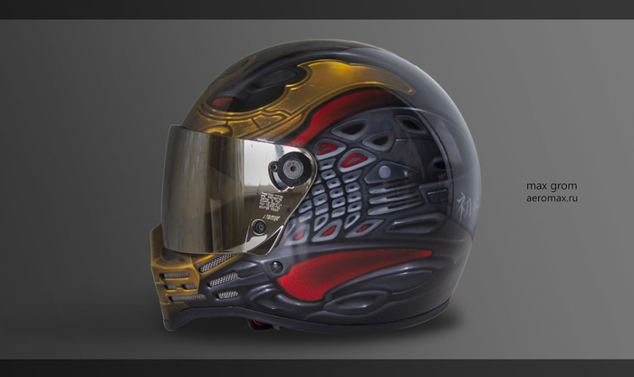 airbrushing on a cybersamurai Simpson helmet, a beautiful drawing of a samurai helmet on a motorcycle helmet. beautiful Japanese-style airbrushing from the best airbrushing Studio. max Grom is the author of the design and artist of the